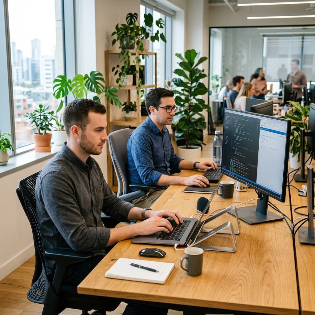 Software engineers programming at modern workstations